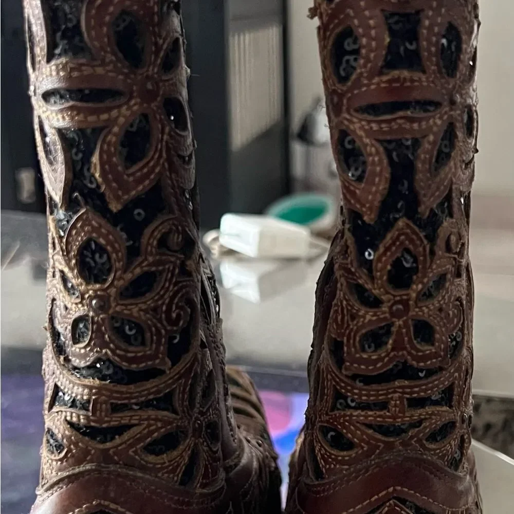 A4083g glitter INLAY FLORAL OVERLAY CRYSTALS & STUDS BROWN SNIP TOE COWBOY BOOT